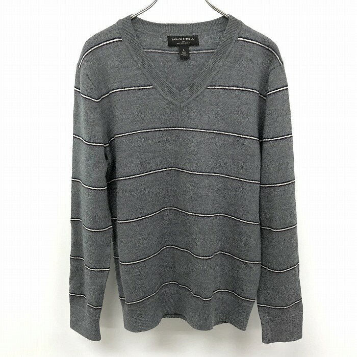乐天商城 - 【中古】[印象AB] BANANA REPUBLIC バナナリパブリック ニット / セーター レディース L メランジグレー×ボルドー×ネイビー×ホワイト グレー 毛100% ボーダー Vネック 長袖