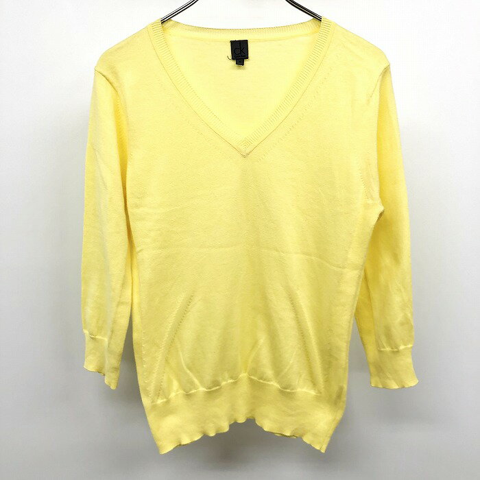 V-Neck - 【中古】ck Calvin Klein カルバンクライン プルオーバー ニット セーター サイドリブ 薄手 Vネック 7分袖 無地 綿×ポリ 4 イエロー 黄色 レディース