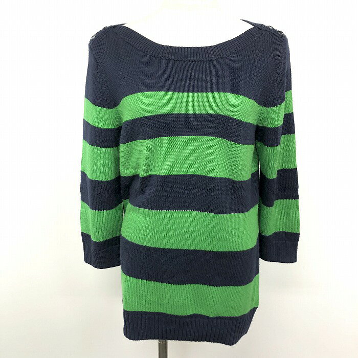 Boat Neck - 【中古】BANANA REPUBLIC バナナリパブリック ニット セーター ボートネック 肩ボタン ボーダー 7分袖 綿×レーヨン×ナイロン L 紺×緑 レディース