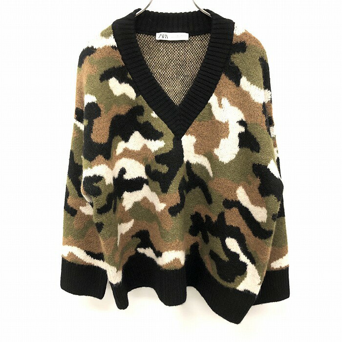 乐天商城 - 【中古】[印象AB] ZARA ザラ ニット / セーター レディース S 黒×緑×茶×白 アクリル×ナイロンなど ストレッチ 迷彩柄 ウッドランドカモ Vネック 長袖