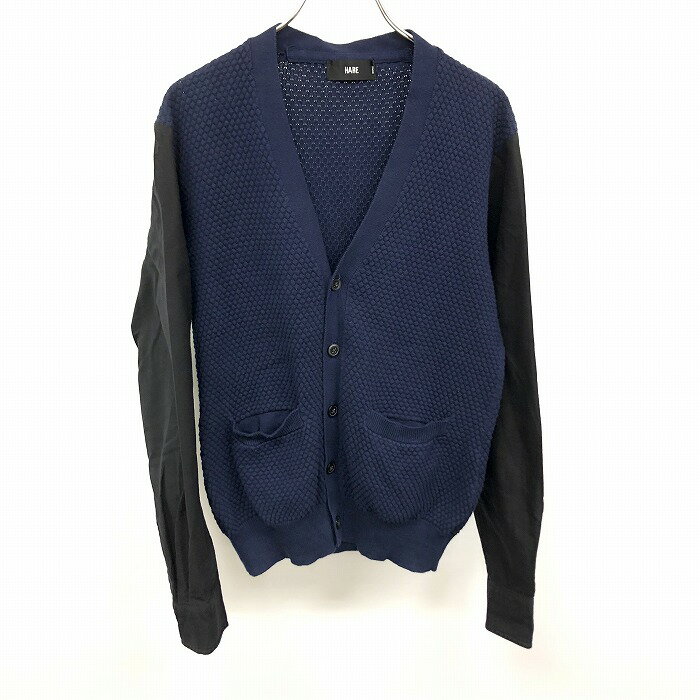 【中古】HARE ハレ S メンズ(レディース？) ニット Vネック カーディガン シャツスリーブ 切り替えし生地 長袖 綿100% ネイビー×ブラック 紺