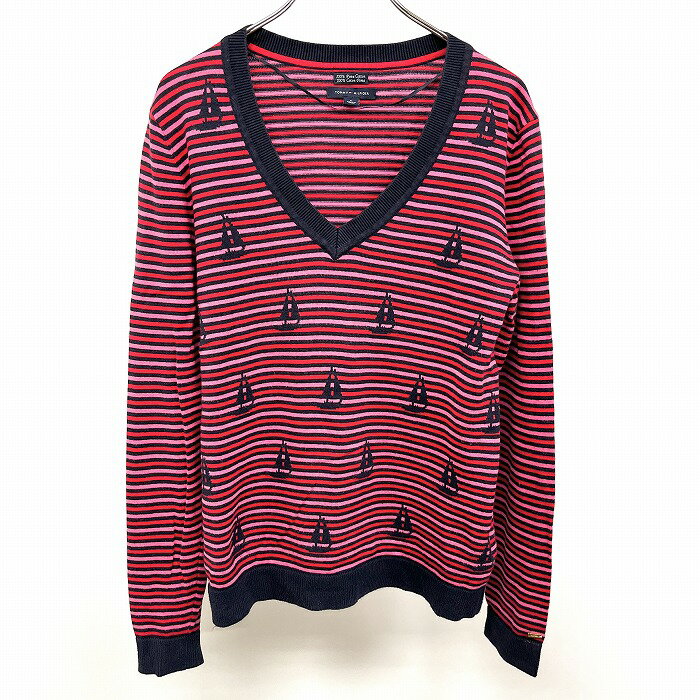【中古】TOMMY HILFIGER - M レディース 薄手 ニット セーター ボーダー Vネック ヨット柄 船 長袖 ピマコットン100% ピンク×レッド×ネイビー