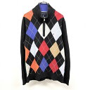 【中古】TOMMY HILFIGER - L レディース(メンズ？) ニット セーター ハーフジップ ハイネック アーガイル 長袖 綿100% ブラック×マルチカラー 黒