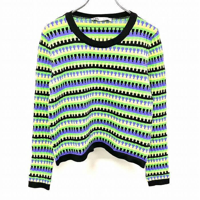 Rakuten - 【スーパーSALE★半額★対象商品】【中古】[印象AB] ZARA ザラ ニット / セーター / プルオーバー レディース S マルチカラー 黒×紫×緑×黄緑 ナイロン100% 長袖 ファスナー風のボーダー柄 丸首