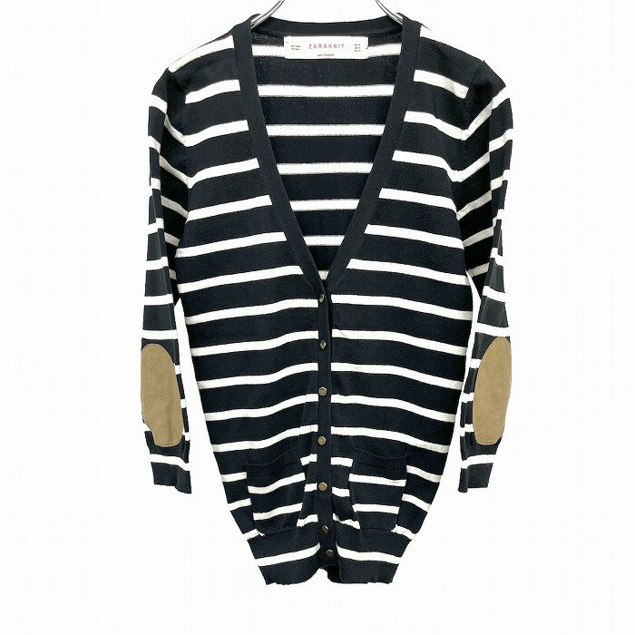 【開催予定＼Black Friday|ブラックフライデー|11/20(木)20時00～／期間中使える最大2千円OFFクーポン配布中】【中古】ザラ ZARA ニット カーディガン 7分袖 ボーダー エルボーパッチ Vネック 綿×ナイロン M ブラック 黒×白×茶系 レディース(キッズ？)