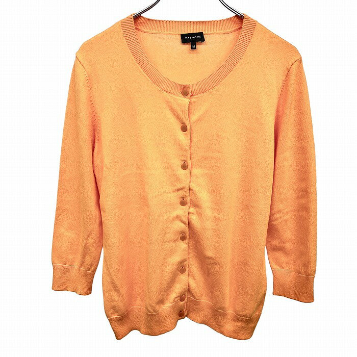 【開催予定＼Black Friday|ブラックフライデー|11/20(木)20時00～／期間中使える最大2千円OFFクーポン配布中】【中古】タルボット TALBOTS ハイゲージニット カーディガン 7分袖 薄手 無地 丸首 ボタン留め 綿×ナイロン×ポリウレタン M オレンジ レディース