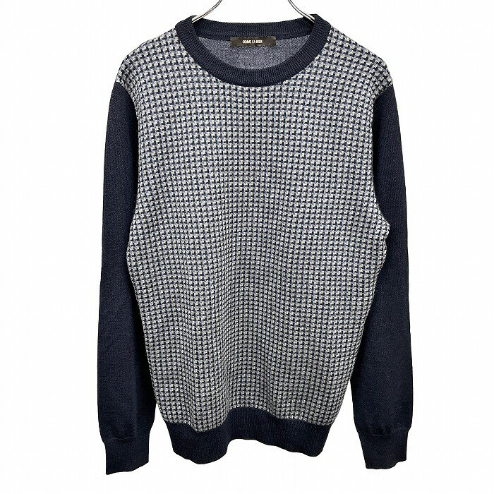 Rakuten - 【スーパーSALE★30%OFF★対象商品】【中古】[印象A] コムサメン ニット / セーター レディース M ネイビー 紺×グレー アクリル100% 薄手 チェック柄 背中と袖は無地 丸首 長袖