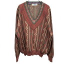 【中古】レイクランド LAKELAND セーター Vネック ストライプ ケーブル 長袖 ウール×アクリル LL XL ブラウン 茶×緑×紺×ベージュ メンズ