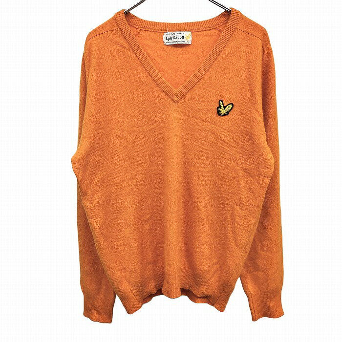 【中古】LYLE&SCOTT ニット セーター Vネック 鳥刺繍 フリーダムスリーブ 長袖 ウール100% 40 オレンジ オレンジ×黒×黄 メンズ(レディース...