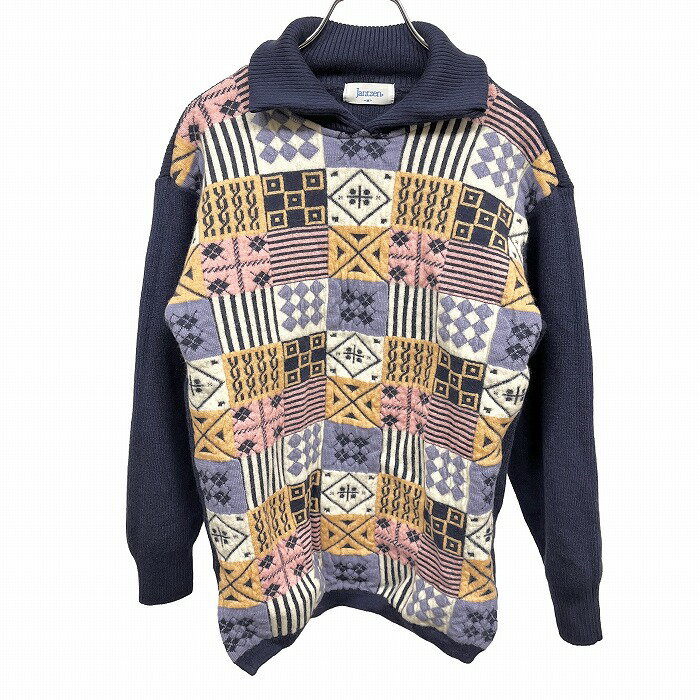樂天商城 - 【中古】[印象AB] JANTZEN ジャンセン リブニット / セーター レディース M ネイビー 紺×ピンク×紫×オレンジ×白系 毛など 裾の両側にスリット 襟付き マルチパターン柄 長袖