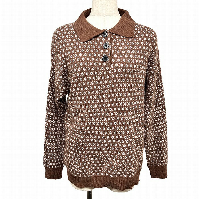 エクラン 【新品】ECLIN ニットポロ 襟付き セーター 花柄風 総柄 長袖 プルオーバー ポリ100% F ブラウン 茶×白 レディース