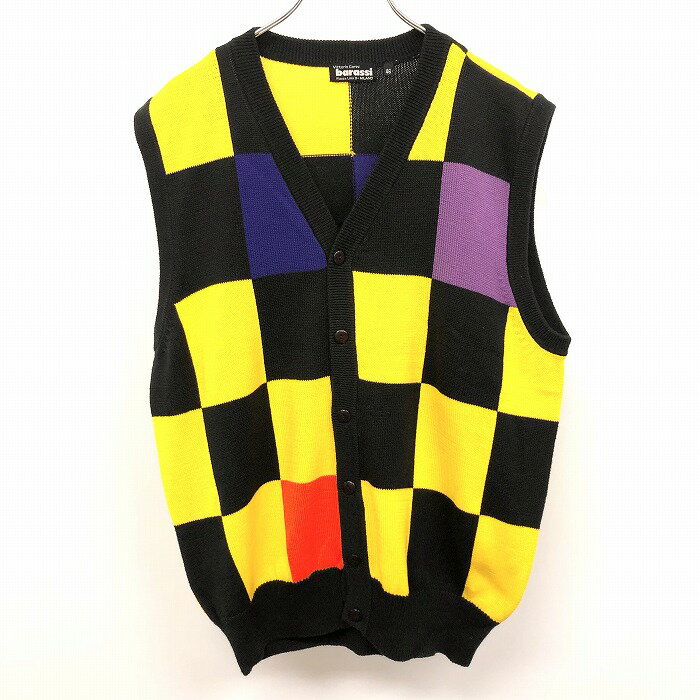 【中古】barassi バラシ 46 メンズ 男性 ニット ベスト ノースリーブ カーディガン ボタン留め ブロックチェック 綿×絹 黒×黄×青×紫×オレンジ