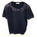 【中古】ZARA ザラ L レディース 女性 薄手 プルオーバー ニット セーター スパンコールデザイン ビーズ 丸首 半袖 レーヨン×ポリ ネイビー 紺