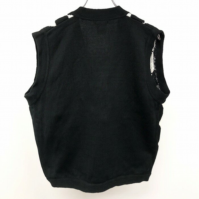【中古】BEAMSビームス-メンズニットベストノースリーブカーディガンハーリキンチェックシェルボタン綿100%ブラックtimes;オフホワイト黒