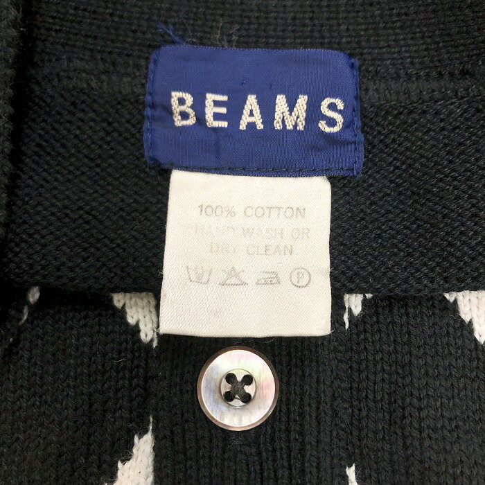 【中古】BEAMSビームス-メンズニットベストノースリーブカーディガンハーリキンチェックシェルボタン綿100%ブラックtimes;オフホワイト黒