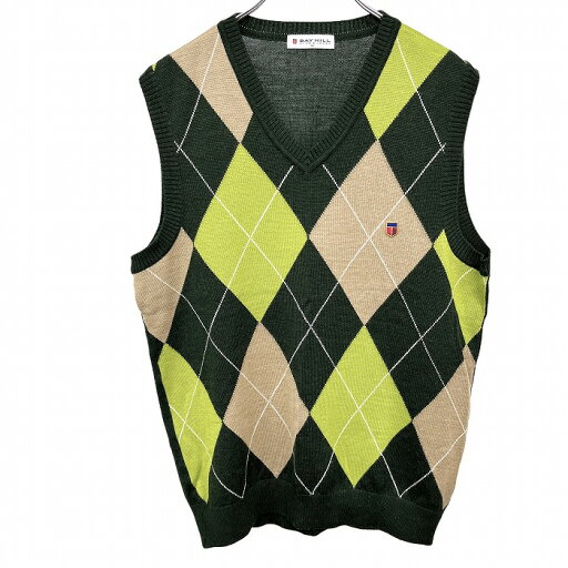 【中古】ベイヒル BAY HILL ニット ベスト ノースリーブ アーガイルチェック Vネック アクリル×毛 M グリーン 緑×茶系×白 メンズ(レディース?)
