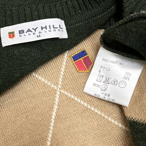 【中古】ベイヒル BAY HILL ニット ベスト ノースリーブ アーガイルチェック Vネック アクリル×毛 M グリーン 緑×茶系×白 メンズ(レディース?)