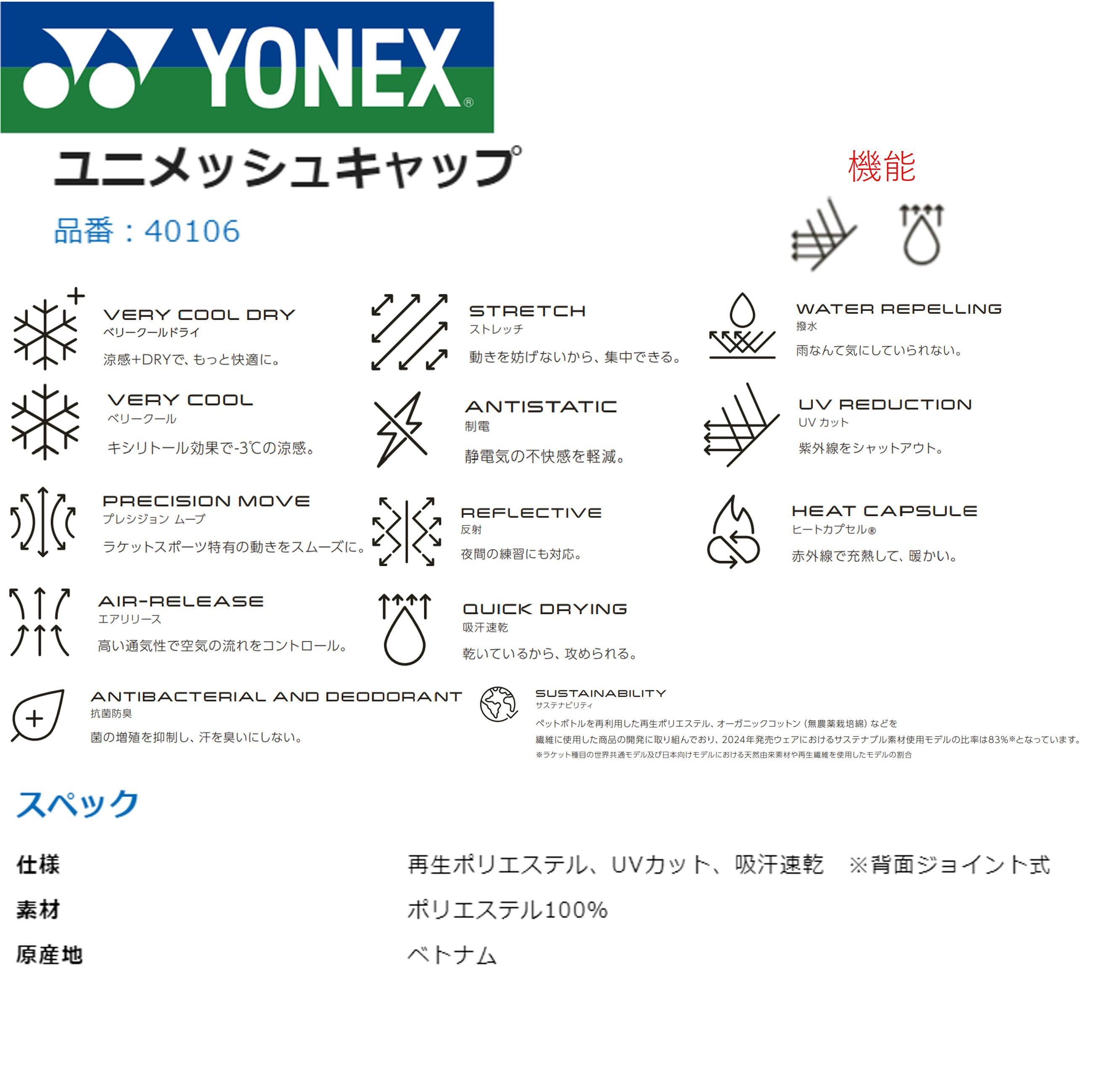 ヨネックス YONEX アクセサリー ユニメッシュキャップ 40106 ソフトテニス