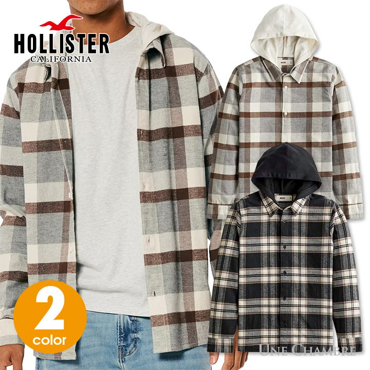 ホリスター メンズ フード付 フランネルチェックシャツ ネルシャツ Hollister Hooded Flannel Shirt ワンポイントロゴ 2カラー：ブラック/ブラックチェック クリーム/ブラウンチェック