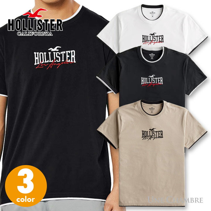 ホリスター メンズ レイヤー刺繍ロゴグラフィック半袖Tシャツ Hollister Layered Embroidered Logo Graphic Tee 3カラー：ブラック、ホワイト、ライトブラウン