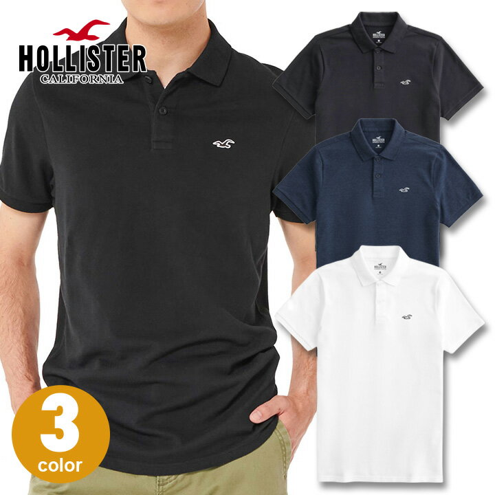 ホリスター メンズ ロゴアイコン ストレッチピケ 半袖ポロシャツ Hollister Icon Polo ワンポイントロゴ 鹿の子 3カラー：ヘザーネイビー ブラック ホワイト