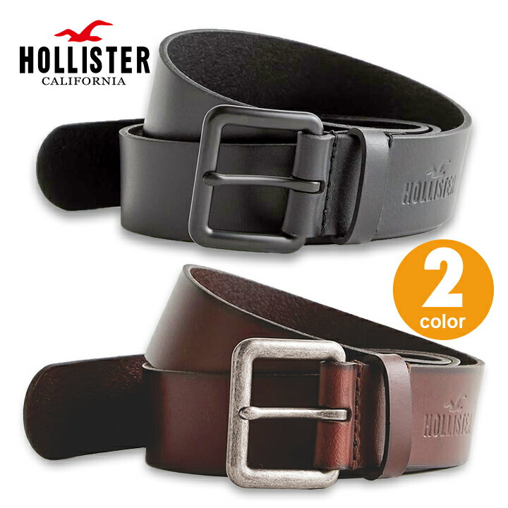 レザーベルト ホリスター メンズ 型押しロゴ レザーベルト バッファローレザー 牛皮革 Hollister Leather Belt 2カラー：●ブラック ●ブラウン