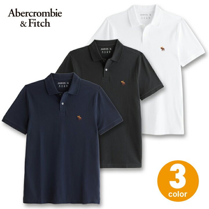 アバクロンビー＆フィッチ メンズ ストレッチピケ半袖ポロシャツ Abercrombie Fitch Stretch Icon Polo マルチカラームースロゴ ワンポイント刺繍ロゴ 鹿の子 3カラー：ホワイト ブラック ダークネイビー