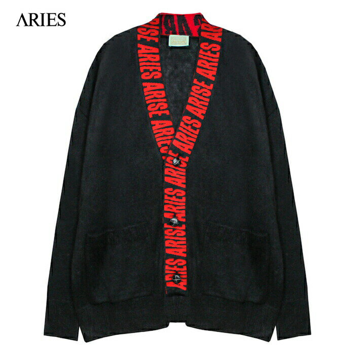 ARIES | ARIES CARDIGAN (BLACK/RED) ニットカーディガン モヘアニット セーター 毛足 羽織り ライトアウター ブラック レッド
