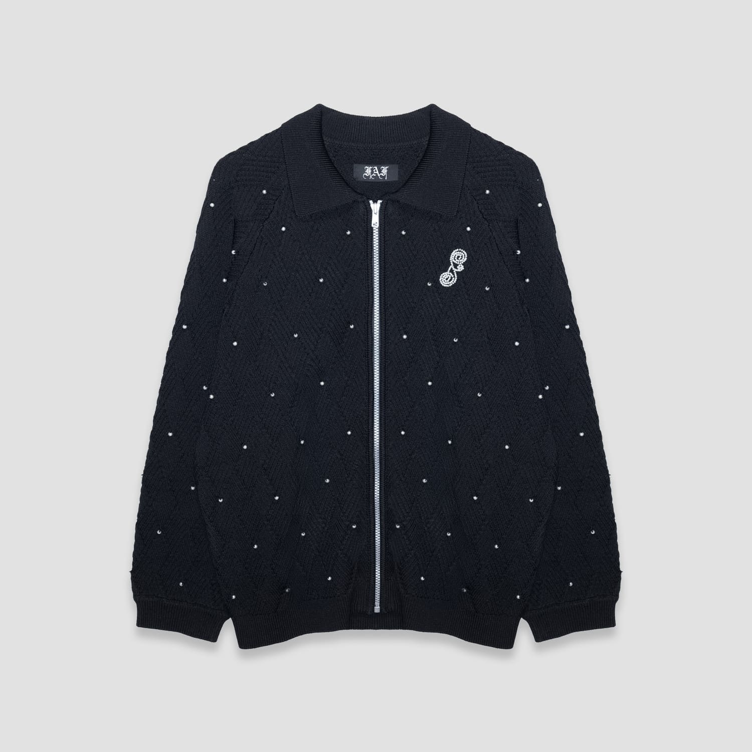 FAKE AS FLOWERS FAF | PEARL CARDIGAN (BLACK) 襟付き ジップアップニット カーディガン サマーニット パール 羽織り メンズ ブラックのサムネイル