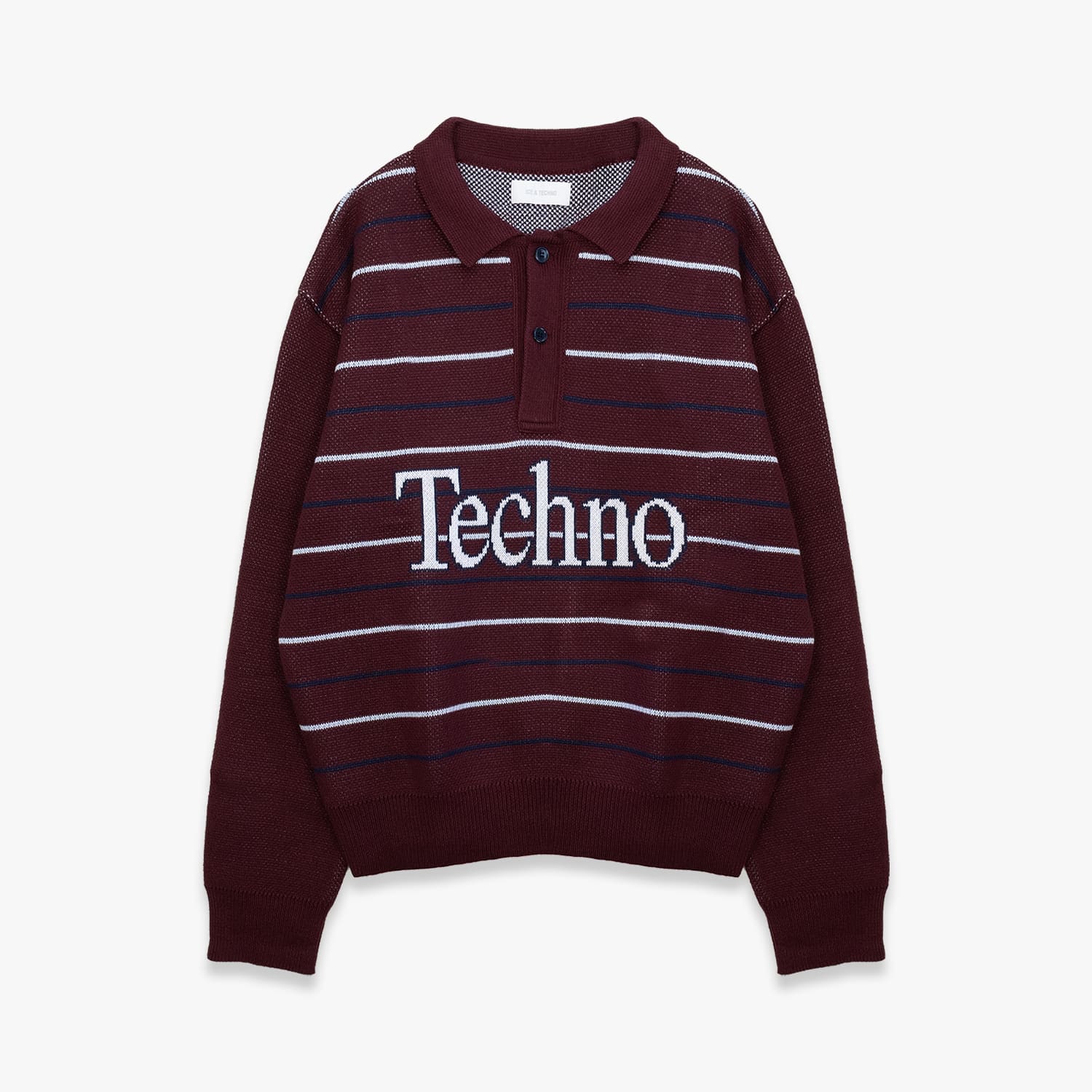 ICE & TECHNO | TECHNO LOGOTYPE GAME KNIT (BURGUNDY) 長袖 ニットポロ ポロシャツ ロゴ グラフィック ボーダ...