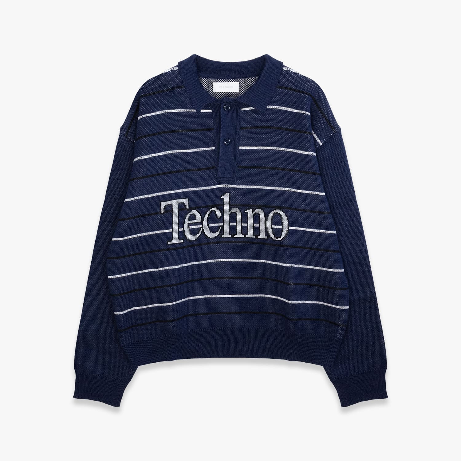 ICE & TECHNO | TECHNO LOGOTYPE GAME KNIT (NAVY) 長袖 ニットポロ ポロシャツ ロゴ グラフィック ボーダー スト...