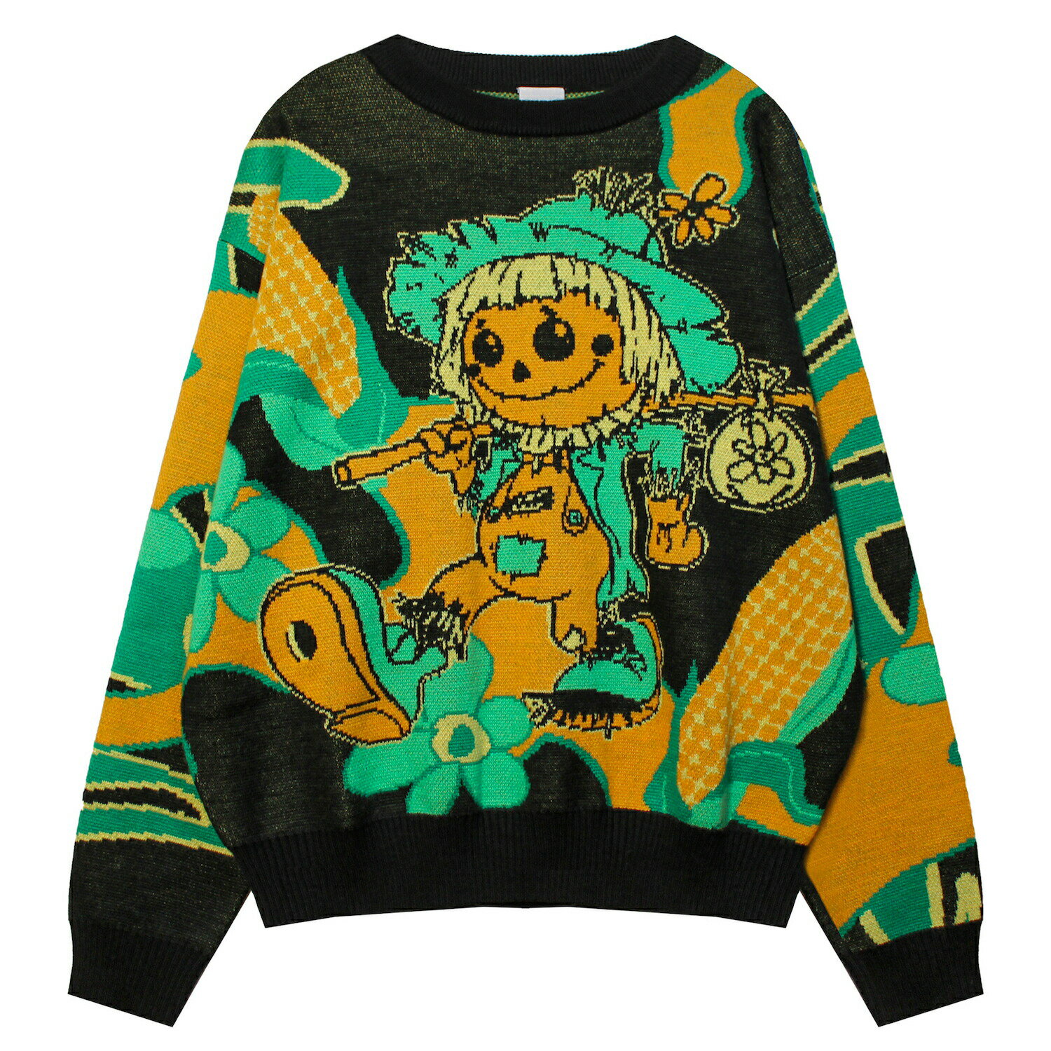 楽天UNEEK BASEMNT[最大90％OFF SALE] P.A.M. / PERKS AND MINI （パム / パークス アンド ミニ） CORN POPS KNITTED JUMPER （HUSK） [PAM ニット セーター ロゴ グラフィック オーバーサイズ ブランド メンズ レディース ユニセックス] [ブラック/グリーン]