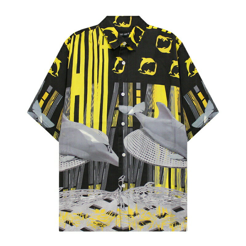 [最大90%OFF SALE] P.A.M. / PERKS AND MINI (パム / パークス アンド ミニ) DOLPHIN DUO SONO SHIRT (BLACK YELLOW DOLPHIN) [PAM 半袖 総柄 ボタンシャツ ドルフィン イルカ ブランド メンズ レディース ユニセックス] [ブラック]