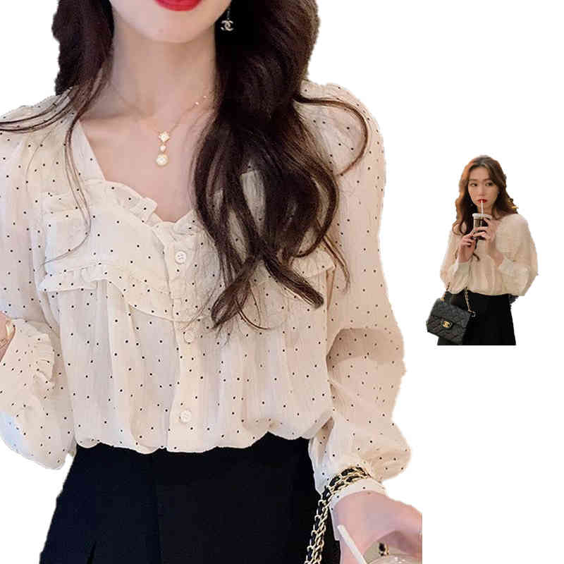 送料無料 ドット柄 ブラウス レディース トップス 長袖 春夏 ドロップショルダー お洒落 フロント ボタン 前開き 着回し カジュアル お出掛け 可愛いのサムネイル