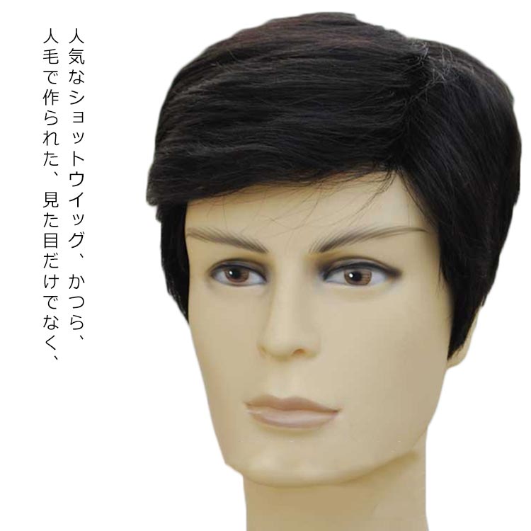 ウィッグ ショート メンズ 送料無料 自然 人毛 高級人毛 フルウィッグ 男性用かつら フレッシュショート ローライトブラック メンズウイッグ
