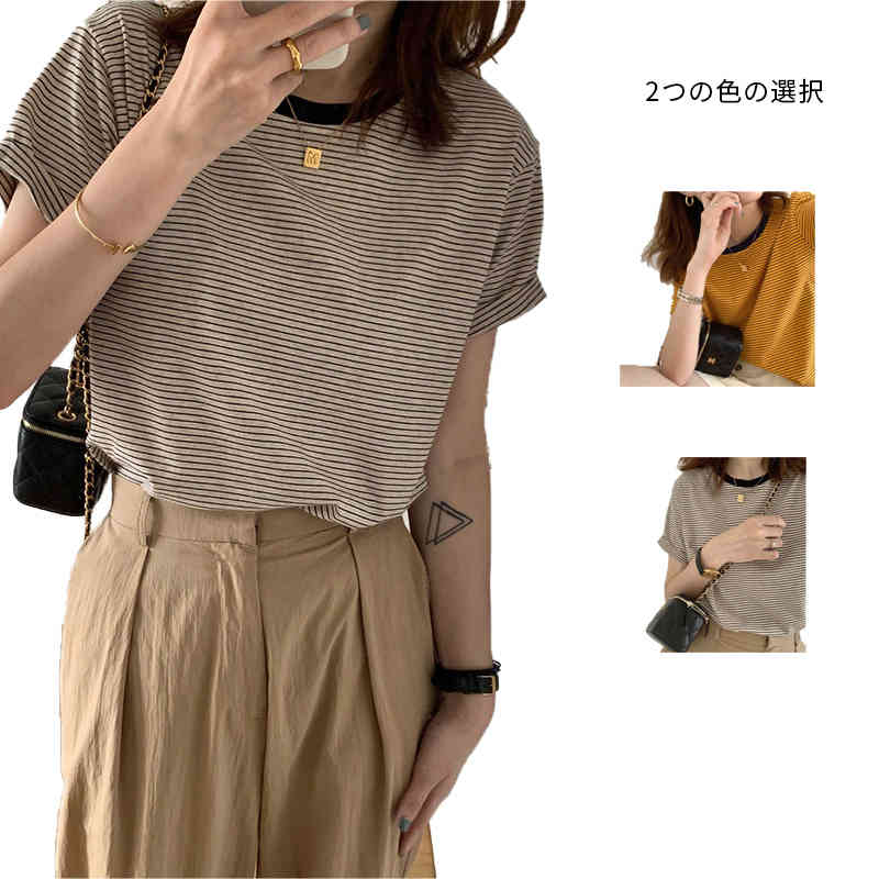 送料無料 ボーダー トップス レディース カットソー ロンT クルーネック 夏 半袖 カジュアル ゆったり 大きいサイズ オーバーサイズ 折返しスリーブデザイン 韓国プルオーバー M L XL 2XL 3XL 4XL