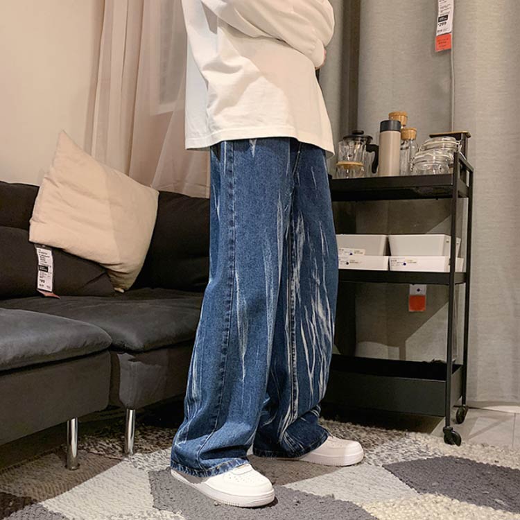 デニムパンツ ジーンズ ワイドデニムパンツ メンズ ムラ染め おしゃれ ストレート ...