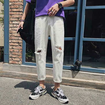 全3色5サイズ デニムパンツ ダメージ加工 メンズ スリム テーパード デニムパンツ クラッシュ加工 ジーンズ 無地 9分丈 アンクルパンツ サルエルパンツ お洒落 春夏 美脚