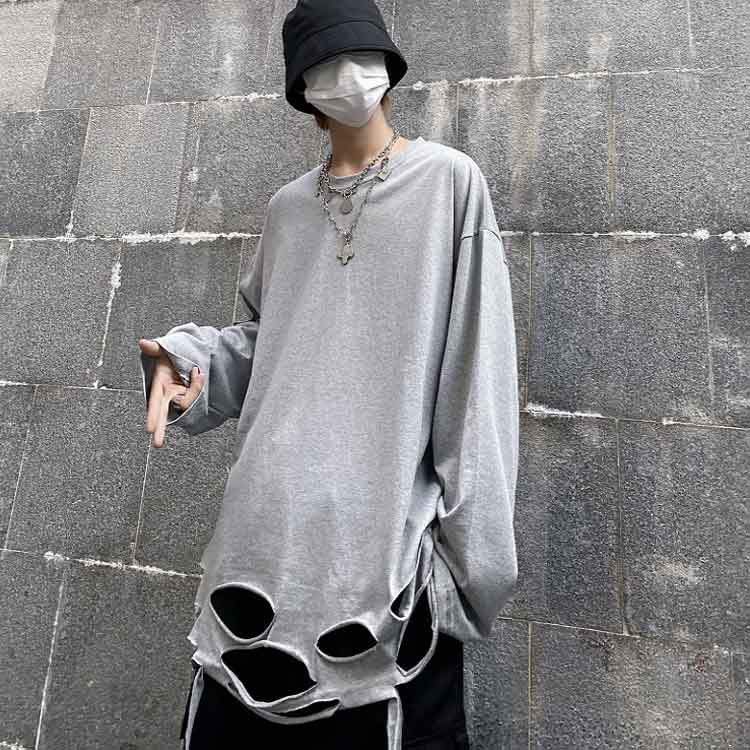 長袖tシャツ メンズ ロンt 裾ダメージ ロングtシャツ 原宿系 ファッション 送料無料 Tシャツ タイムセール ロンt ロング丈 ビッグt カジュアル 大きいサイズ インナtシャツ 春服 原宿 重ね着風 おしゃれ クルーネック ダメージ ストリート ゆったり