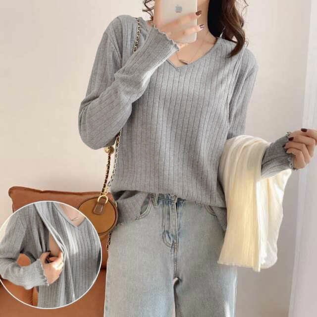 授乳服 ニットトップス マタニティ リブニット おしゃれ トップス 秋冬 Vネック 着瘦せ マタニティ服 妊婦 暖かい 授乳口付き 授乳しやすい 長袖 リブ 産前 産後 春 秋 冬 ルームウェア やわらか 快適 無地 シンプル 重ね着 大きいサイズ ギフト プレゼント 送料無料