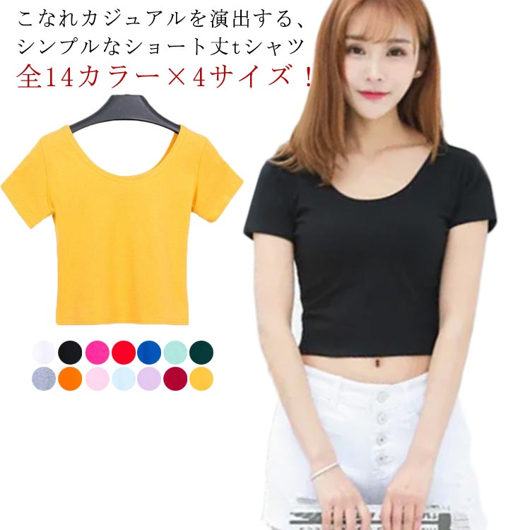 ショート丈 トップス tシャツ 半袖 レディース カットソー クルーネック ラウンドネック 無地 半袖 シンプル 春夏 全14色 着瘦せ 春夏 スタイルアップ 脚長 大人 女性 おしゃれ カジュアル ダンス衣装 ギフト プレゼント S M L XL 送料無料