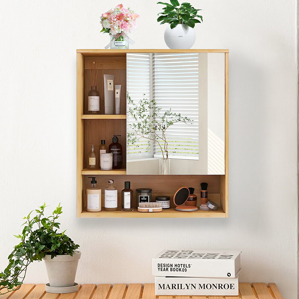 UNHO ウォールシェルフ 扉付き ウォールキャビネット ミラー付き ミラーキャビネット 洗面台 竹製 おし..