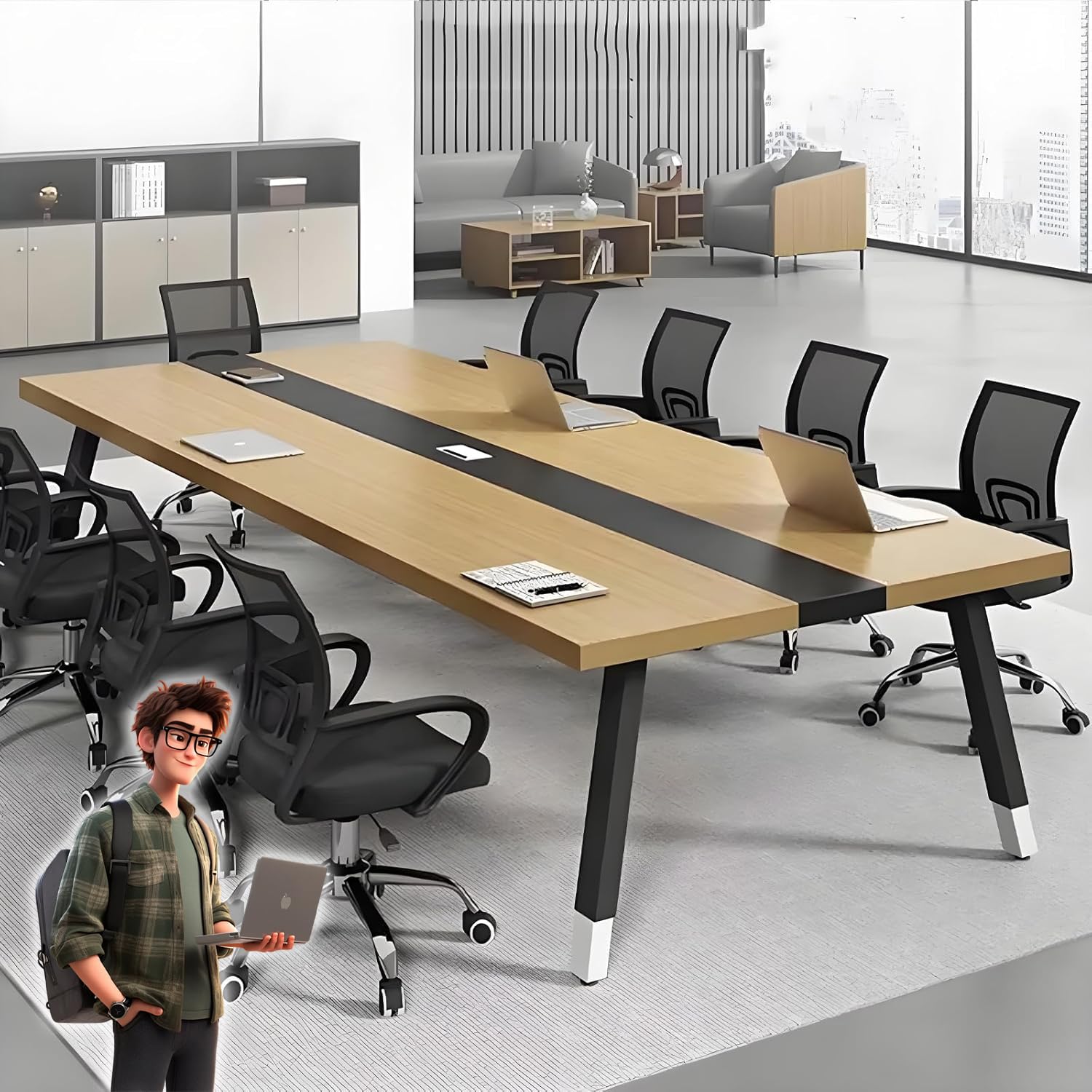 樂天商城 - 200x120x74cm 会議用テーブル 大型 ミーティングテーブル 6〜12〜18人用 作業台 頑丈 大人数対応 オフィスデスク 事務机 学校 学習塾 受付 組み立てが簡単 配線ボックス付き 商談用 企業用 会議机