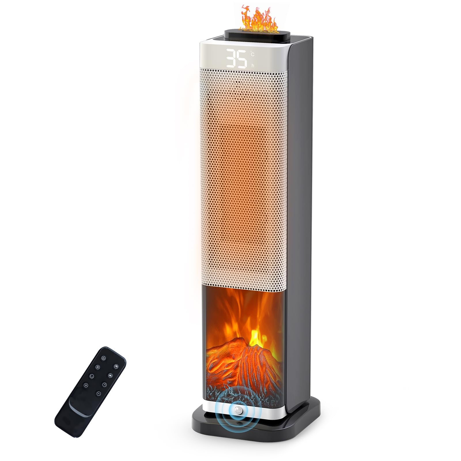 セラミックヒーター タワー型【2026新登場・3D水蒸気LED暖炉】【1秒速暖大風量】擬似炎加湿機能付き 人感センサー搭載 8時間連続加湿 15〜35℃温度調節 ECOモード省エネ 1200W電気ヒーター 3重過熱保護 転倒OFF 節電対策 280MLタンク 窓下結露対策/リビング/寝室/洗面所/オフ