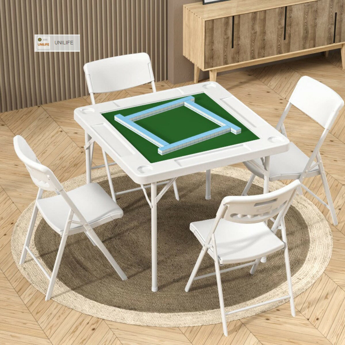 麻雀卓 折り畳み式 麻雀テーブル カップホルダー＆チップトレイ付き 軽量 高密度ポリエチレン ハニカム構造 多機能 ポータブル4脚手打ち麻雀卓 携帯便利 麻雀クラブ 麻雀教室 老人ホーム 旅行用 家庭用 麻雀牌別売り(90*90cm) (Size : 麻雀卓+チェア*4)