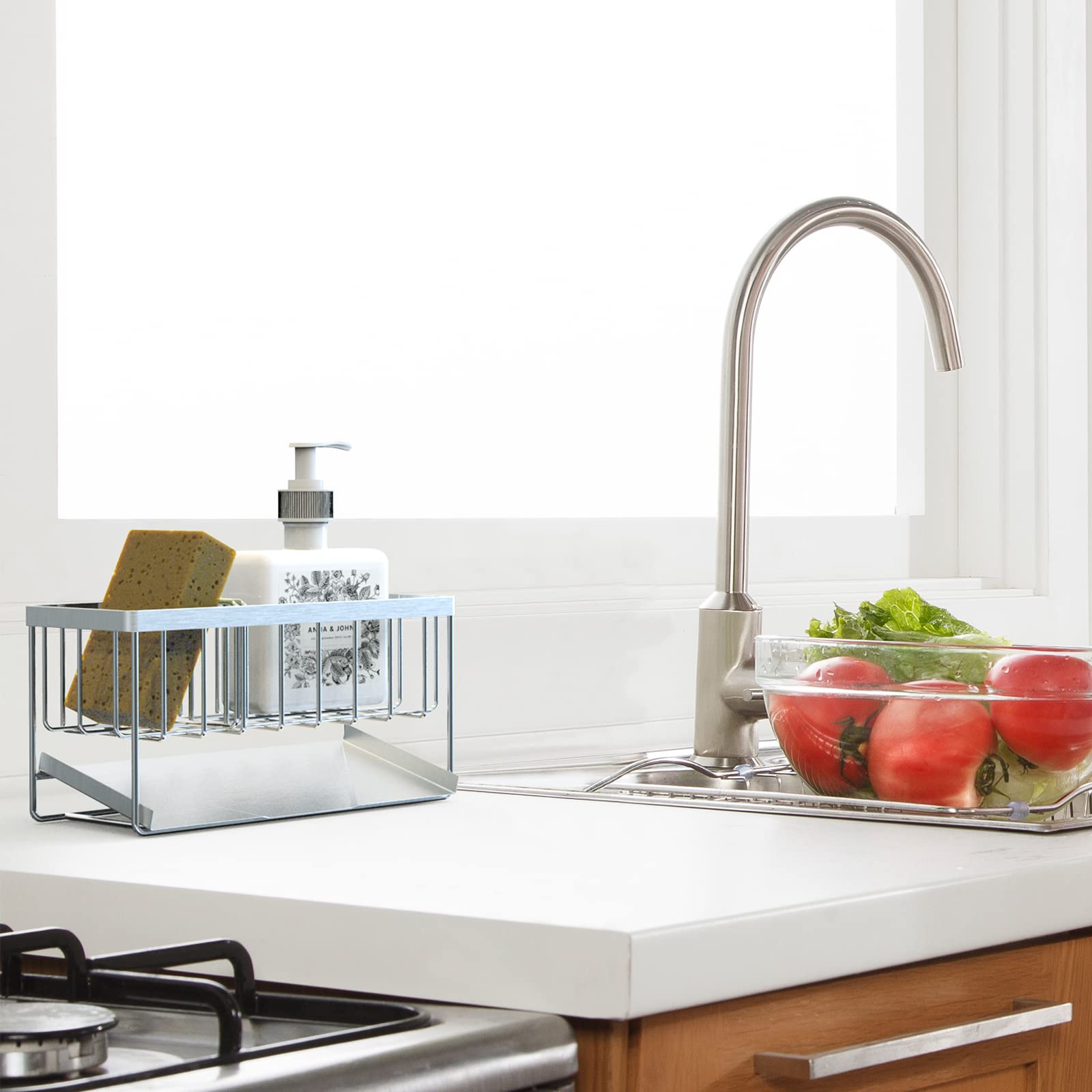 スポンジラック スポンジホルダー 防錆 キッチン用 スポンジ洗剤置き ステンレス製 たわしホルダー 可動式仕切り板付き 洗面所/キッチン収納