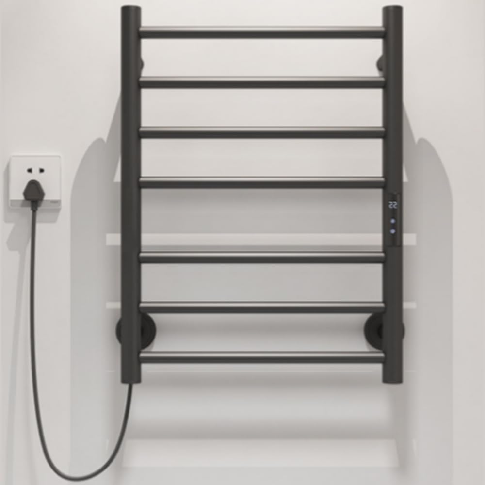 タイマー付き電気壁掛けタオル掛け 電気タオル掛け タオルウォーマー 加熱タオルラック 恒温布巾掛け 45*60cm ステンレス製 1-24時間タイマー 45-70℃温度設定 LEDディスプレイ 壁掛け式 穴あけ不要 浴室 洗面台 ホテル用 家庭用 日本仕様プラグ (ホワイト,B)