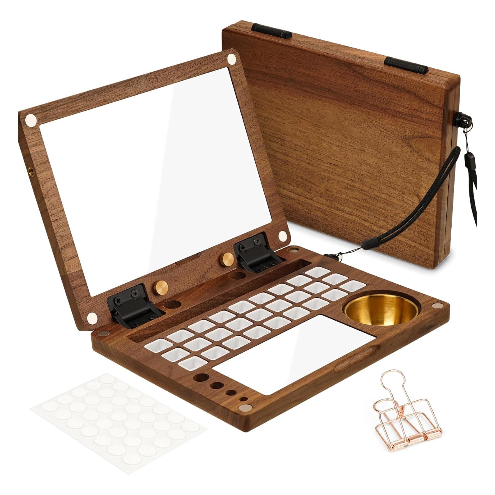 水彩画セット パレット 木製 折りたたみ式 水彩パレット 27穴 蓋付き 塗料皿 屋内 屋外 絵の具 マルチイージー 絵画ボックス 絵具箱 旅行用 トラベルキット ミニ ペイントトレイ クルミ材 絵画板