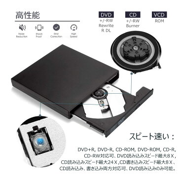 USB2.0外付けポータブルCD-RW DVD-ROMドライブ USB2.0対応 ポータブルドライブ CD-RW/DVD-R外付けプレイヤー CD-RWレコーダー 2つのUSBケーブル付き 超薄型