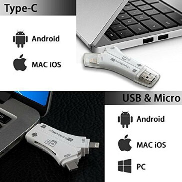 4in1 SD カードリーダー iPhone & Lightning/USB TYPE-C/USB 2.0 & USB-A/Micro-USB 内蔵 メモリー スティック カードリーダー OTG機能 高速データ転送